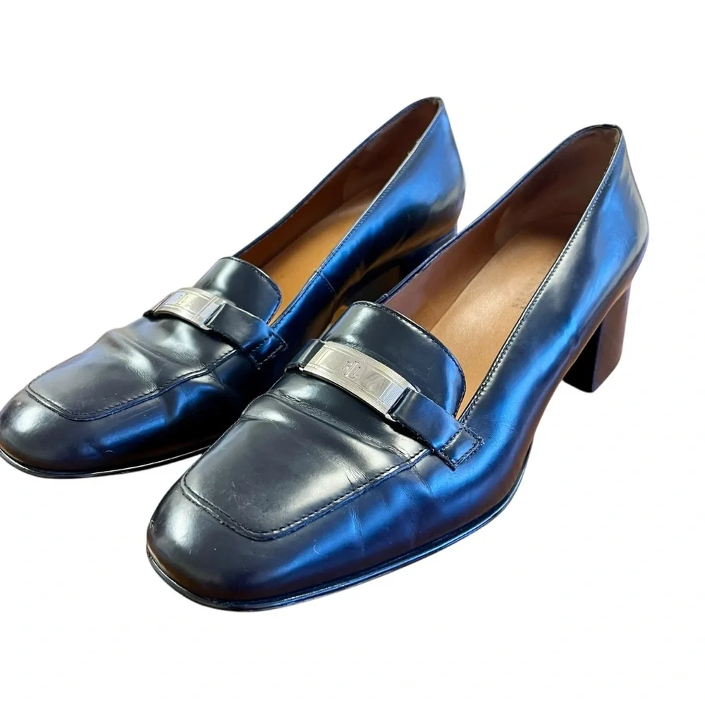 LAUREN Ralph Lauren Black Loafers 9.5 Y2K 90s Block Heel Old Money‎ Preppy Club